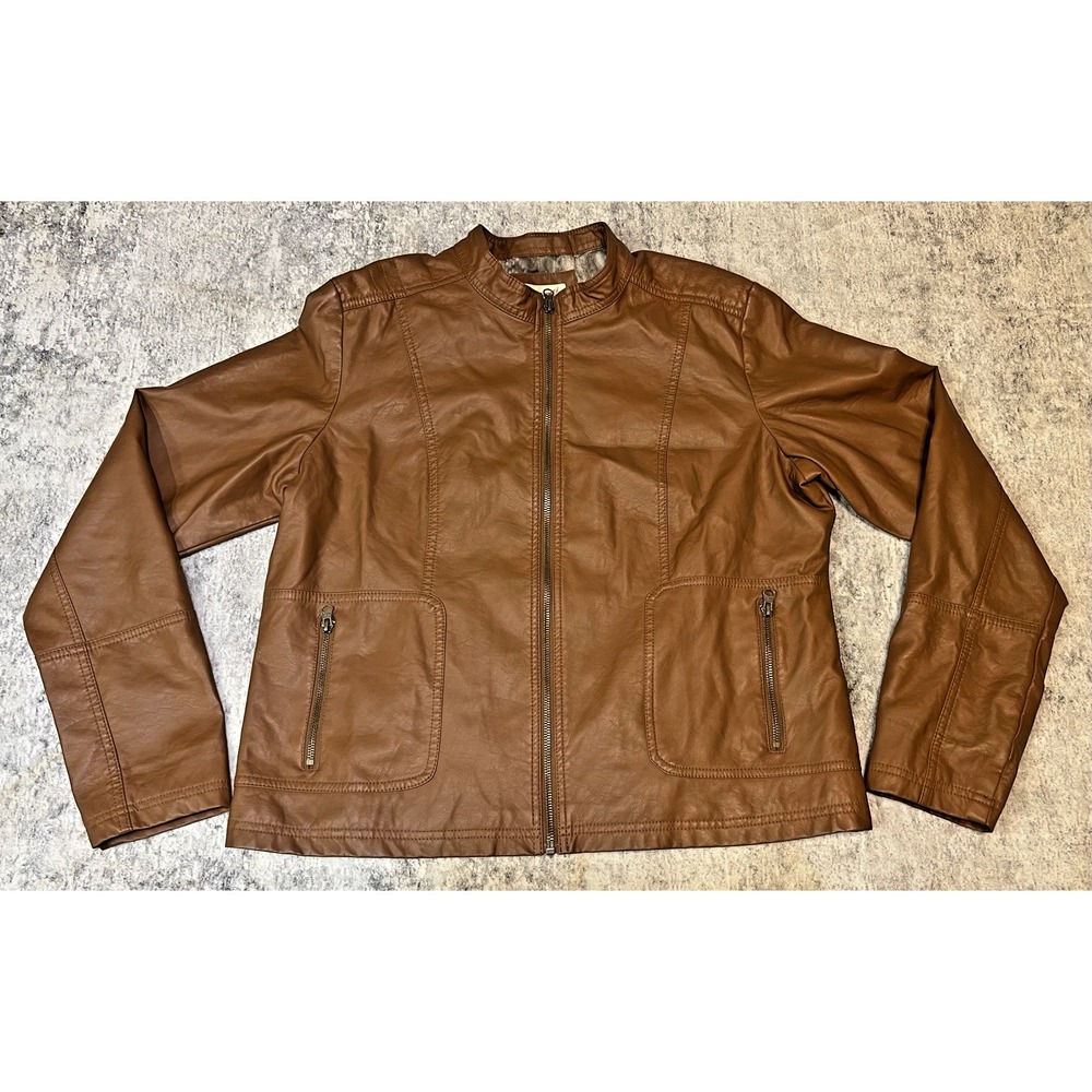 Y2K Faded Glory Faux Leather Jacket Womens XL Brown Fitted Racing Moto Full Zip